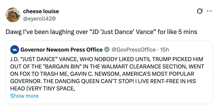 Tweet mocking "JD 'Just Dance' Vance" using humor about being popular with former President Trump