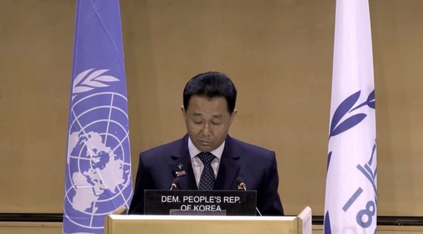 The chairman of the Supreme People’s Assembly Pak In Chol delivers a speech in Geneva 