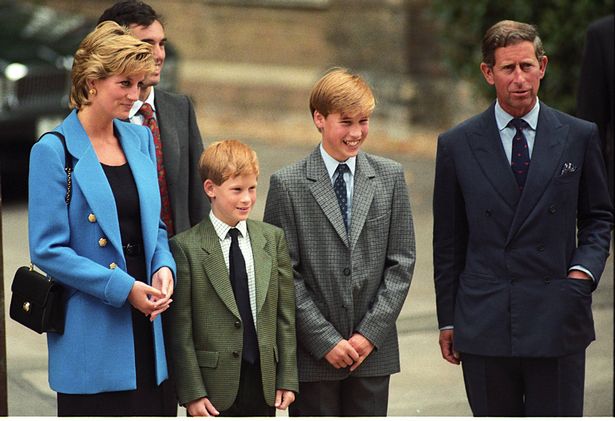 Eton,England  September 6, 1995. Princess Diana, Prince Harry, Prince William, Prince Charles at Prince William's first day at Eton. (Photo by Tom Wargacki/WireImage)