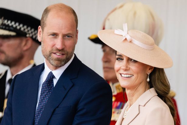 WINDSOR, ENGLAND - JULY 08: Prince William, Prince of Wales and Catherine, Princess of Wales on the Royal Dais at Datchet Road on July 08, 2025 in Windsor, England. President Emmanuel Macron and Mrs Brigitte Macron visit the UK in the first visit State Visit made by France in 17 years. They are staying at Windsor Castle, hosted by King Charles III and Queen Camilla, and a banquet will be held there in their honour. The Macrons will visit Imperial College, and the President will address Parliament during his stay. (Photo by Samir Hussein/WireImage)