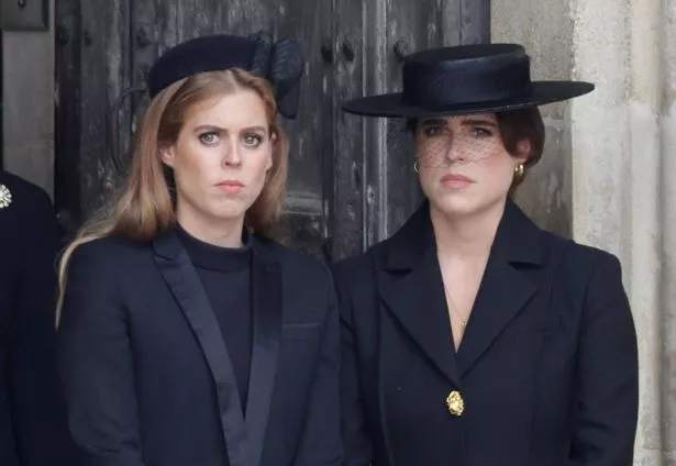 Princess Beatrice Windsor and Princess Eugenie Windsor attend The State Funeral Of Queen Elizabeth II at Westminster Abbey on September 19, 2022 in London, England