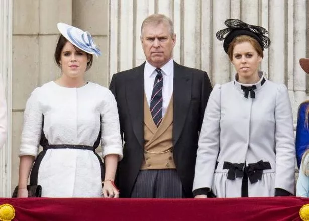 LONDON, ENGLAND - JUNE 15:  Princess Eugenie and Princess Beatrice with Prince Andrew, Duke of York during the annual Trooping The Colour ceremony at Buckingham Palace on June 15, 2013 in London, England.  (Photo by Mark Cuthbert/UK Press via Getty Images)