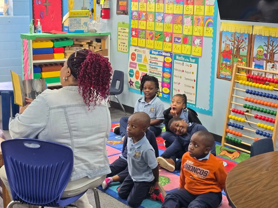 Sister Thea Bowman Catholic School pre-K and kindergarten students enjoying reading time during a January 2025 class (Courtesy: Chris Payne)