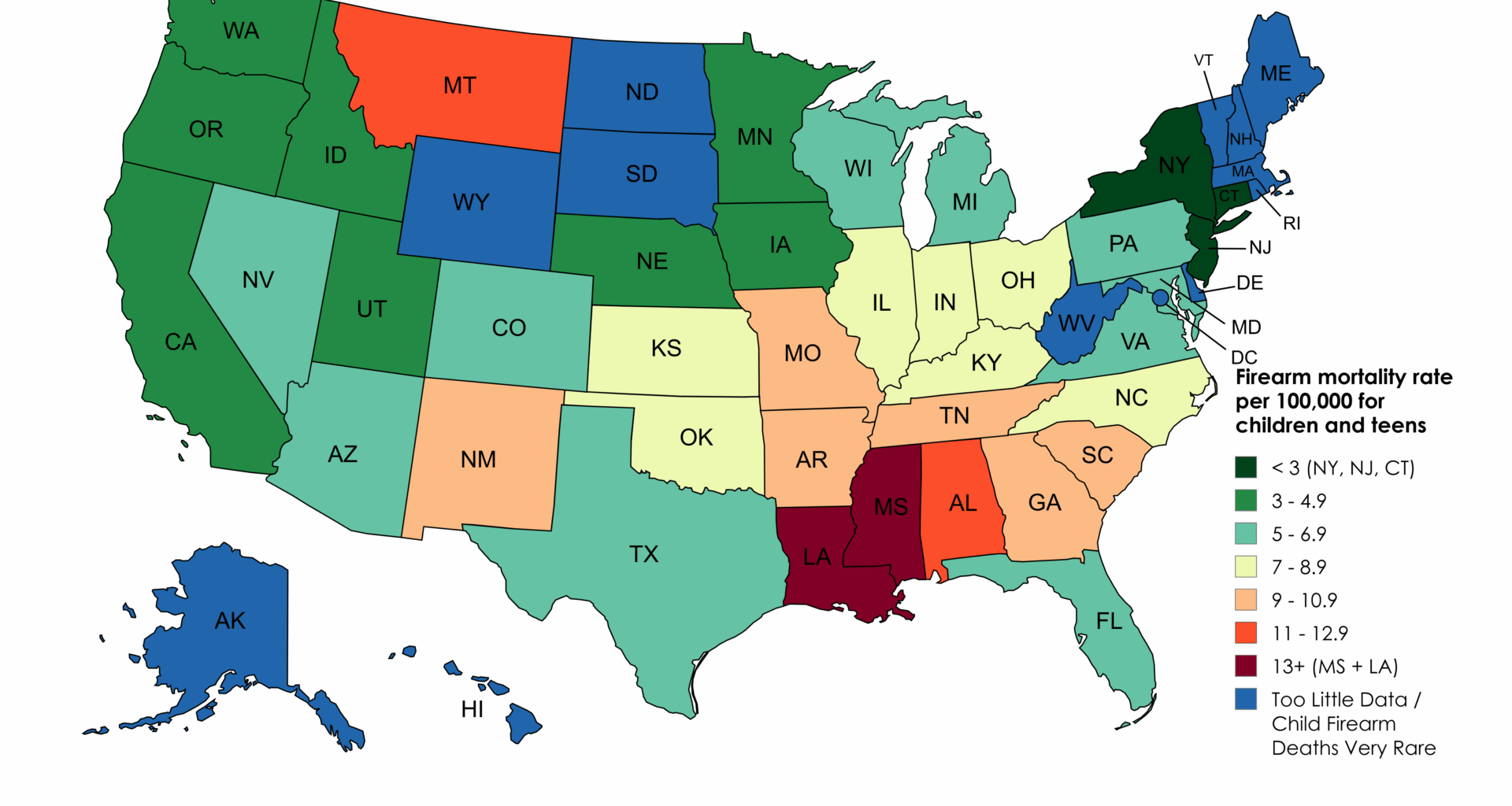 [OC] Firearm mortality rate per 100,000 for children and teens ages 1-19 years, U.S. state (2021)