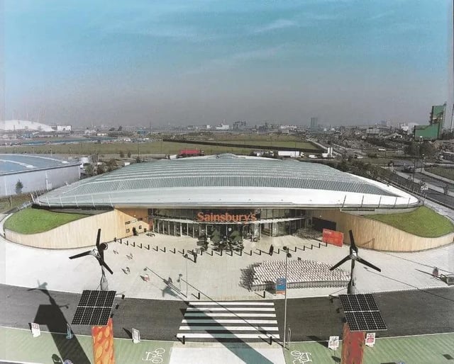 Sainsbury's eco store in Greenwich 1999-2015. The most enjoyable store to ever shop in. Sadly demolished in 2015 to make another standard box store a few miles away.