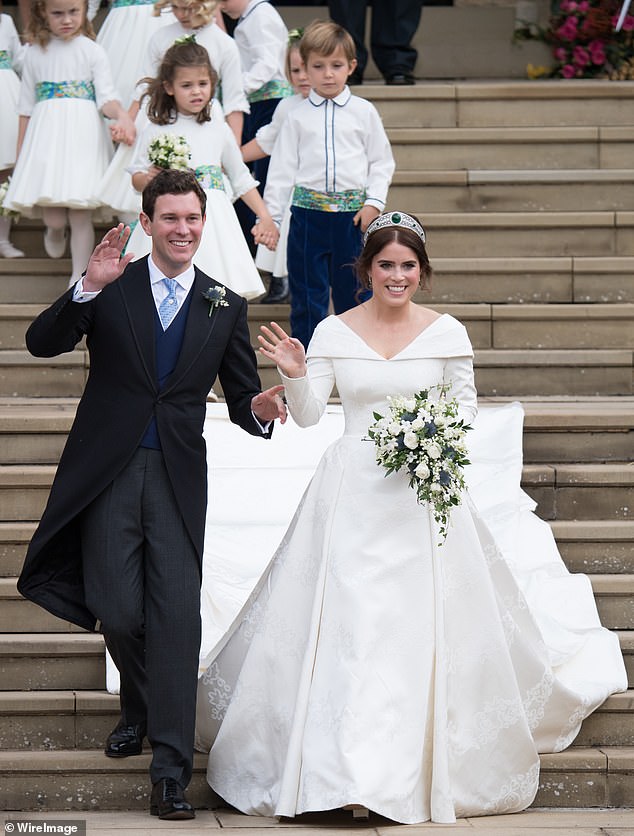 Princess Eugenie wore a custom silk jacquard gown by Peter Pilotto for her 2018 wedding to Jack Brooksbank, and has been a loyal fan of the British designer ever since