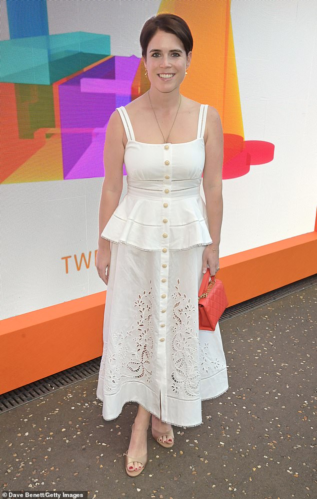Eugenie has followed suit, incorporating Self-Portrait into her own wardrobe. She embraced the recent heatwave in a white linen peplum dress with intricate laser-cut detailing