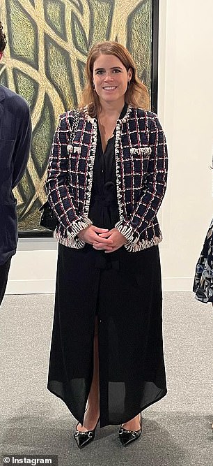 Eugenie made a stylish statement at the 2023 Abu Dhabi Art exhibition, wearing a classic Chanel tweed blazer - a hallmark of the French fashion house