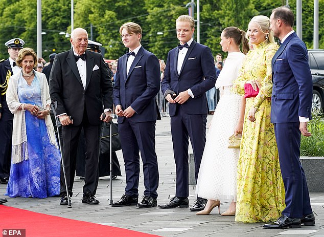 Although Marius Borg Høiby isn't an official royal family member, he has been part of the household since his mother's marriage. (Pictured from left to right: Queen Sonja, King Harald, Prince Sverre Magnus, Marius Borg Høiby, Princess Ingrid Alexandra, Crown Princess Mette-Marit, and Crown Prince Haakon in Oslo, Norway, on June 16, 2022)