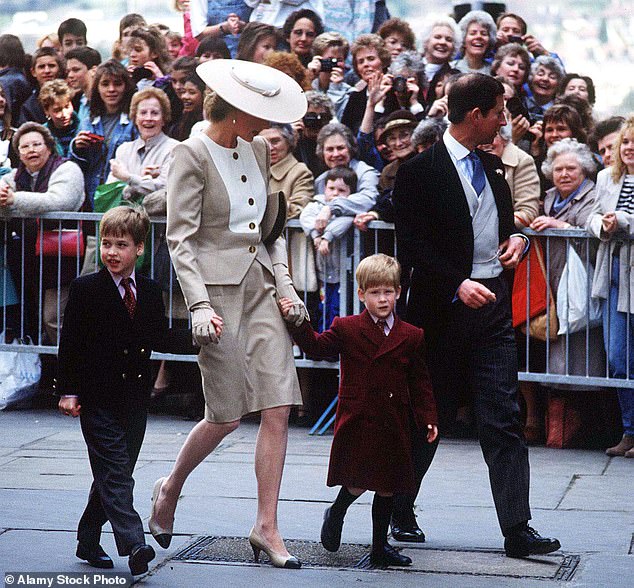 Prince William, Diana, Princess of Wales, Prince Harry and Prince Charles, Prince of Wales, attend the wedding of the Duke of Hussey's daughter in May 1989