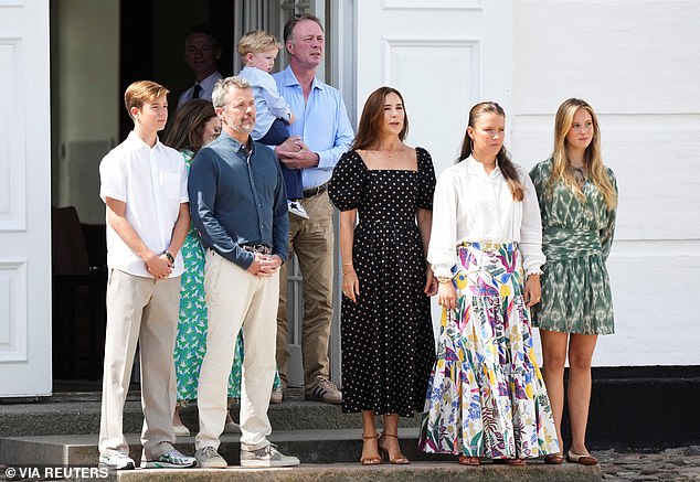Queen Mary of Denmark put on a radiant display on Friday as she stepped out with her husband King Frederik X and their children to attend the traditional Changing of the Guard ceremony at Gråsten Palace