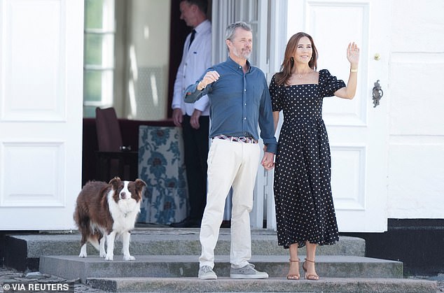 The Australian-born royal looked effortlessly chic in a stylish black midi dress adorned with delicate white polka dots