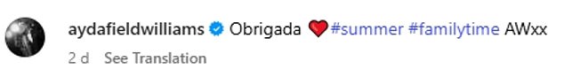 Ayda captioned her post: 'Obrigada', which means 'thank you' in Portuguese