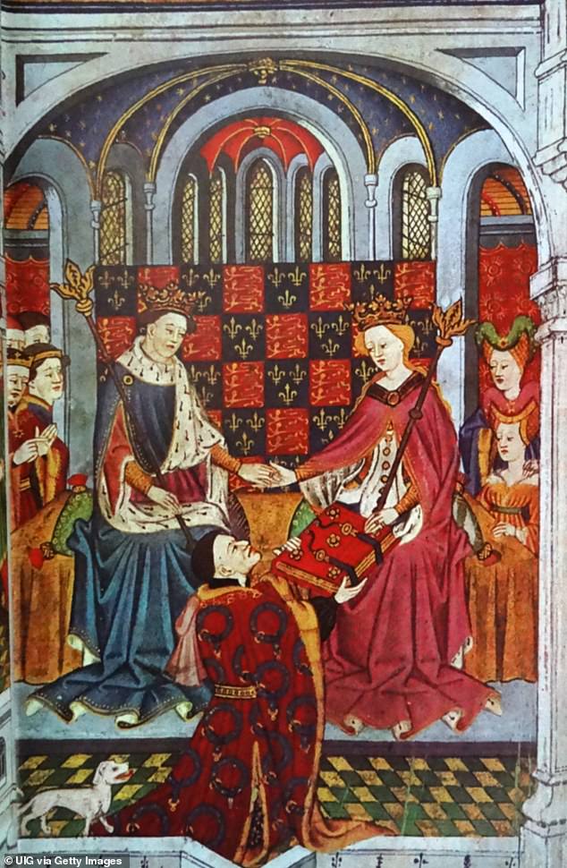 Henry VI and Margaret of Anjou with their courtiers. John Talbot, Earl of Shrewsbury kneels before the Queen to present her with a book