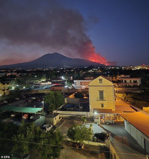 Wildfires have hit Mount Vesuvius as deadly blazes sweep through Europe amid a scorching heatwave. Pictured: A large fire on the slopes of Mount Vesuvius near Naples, Italy, 08 August 2025