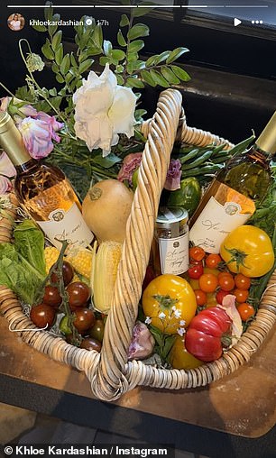 Khloé Kardashian posted an Instagram of the gift hamper, which included bottles of wine, honey and vegetables - but omitted tagging Meghan