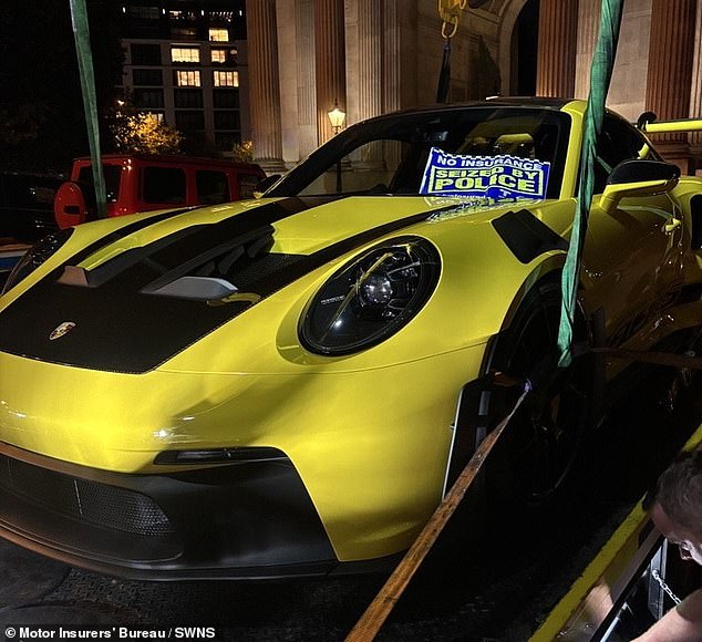 Some drivers were found to have been on the roads without a valid licence, using a mobile phone wile driving, not wearing a seatbelt and having illegally tinted windows. Pictured: a yellow Ferrari confiscated during the operation