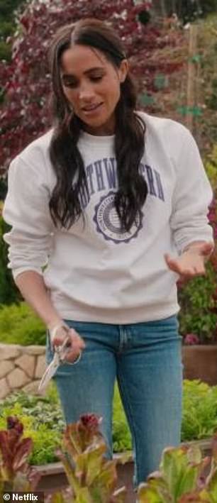 Meghan appeared to follow suit in her Netflix series With Love, Meghan, wearing the same style in a lighter blue wash with a printed sweatshirt for a gardening scene