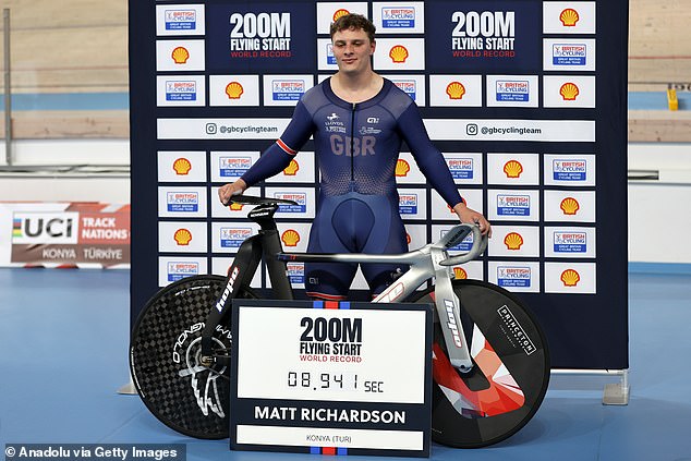 Matthew Richardson of Great Britain breaks the world record in the 200-meter sprint with a time of 8.941 seconds during track cycling world record attempts in Konya, Turkiye