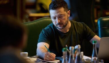 Ukrainian President Volodymyr Zelensky listens at the Mariinskyi Palace in Kiev yesterday during a conference call with Donald Trump and European partners after the Alaska summit