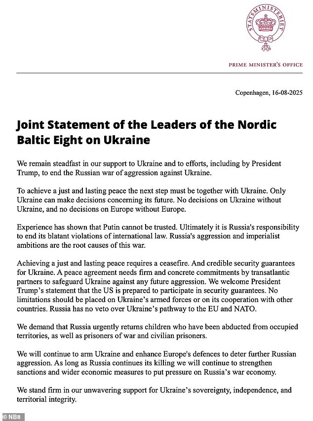Mr Zelensky reposted this statement by the Nordic-Baltic Eight (NB8) – a regional co-operation group made up of Denmark, Estonia, Finland, Iceland, Latvia, Lithuania, Norway and Sweden