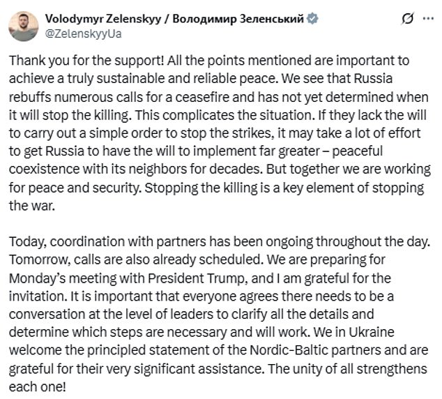 Ukrainian President Volodymyr Zelensky posted the above statement on X last night