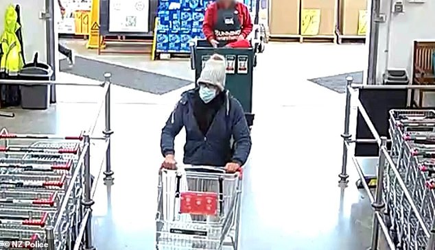 Tom Phillips was caught on CCTV at Bunnings warehouse, Te Rapa, on August 2, 2023 (above) wearing a mask and pushing a trolley to collect supplies for his life on the run