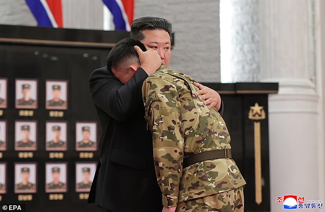 The same ceremony saw Kim Jong Un weep as he comforted families of 'heroic' troops who he sent to die fighting against Ukraine