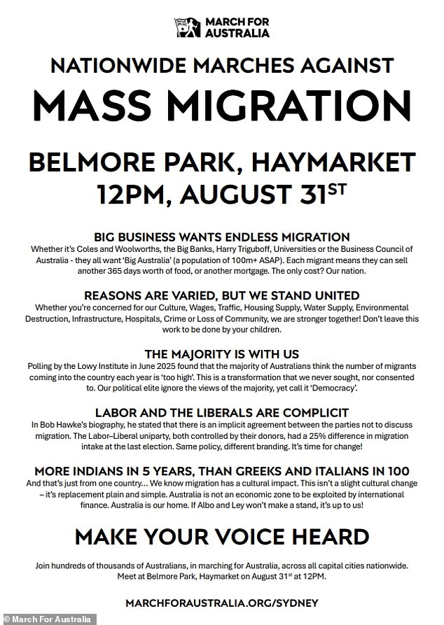 In a manifesto (pictured), March for Australia singled out the Indian-born community when listing migrants with a 'cultural impact'