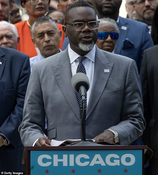 Chicago Mayor Brandon Johnson speaks at a news conference to address President Donald Trump's plan to send National Guard troops into the city on August 25, 2025 in Chicago