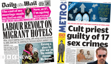 'Labour revolt on migrant hotels' and 'cult priest guilty'.