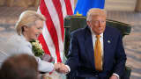 U.S. President Donald Trump shakes hands with President of the European Commission Ursula von der Leyen as he announces a trade deal with the EU at Trump Turnberry golf club on July 27, 2025 in Turnberry, Scotland. U.S.