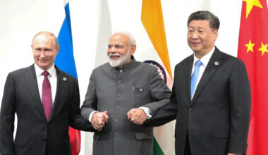 Russian President Vladimir Putin, Indian Prime Minister Narendra Modi and Chinese President Xi Jinping hold a meeting on the sidelines of the G20 summit in Osaka on June 28, 2019.