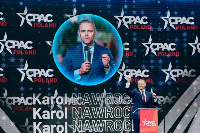 Karol Nawrocki, przemawia podczas konferencji Conservative Political Action Conference (CPAC) niedaleko lotniska Rzeszów-Jasionka, 27 maja 2025 r.