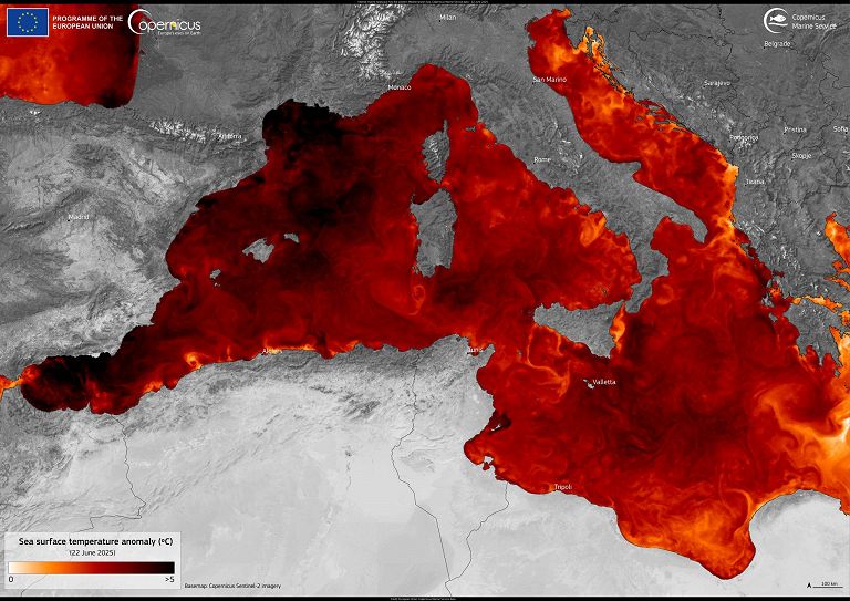 Heatmap del Mediterraneo realizzata dal programma Copernicus