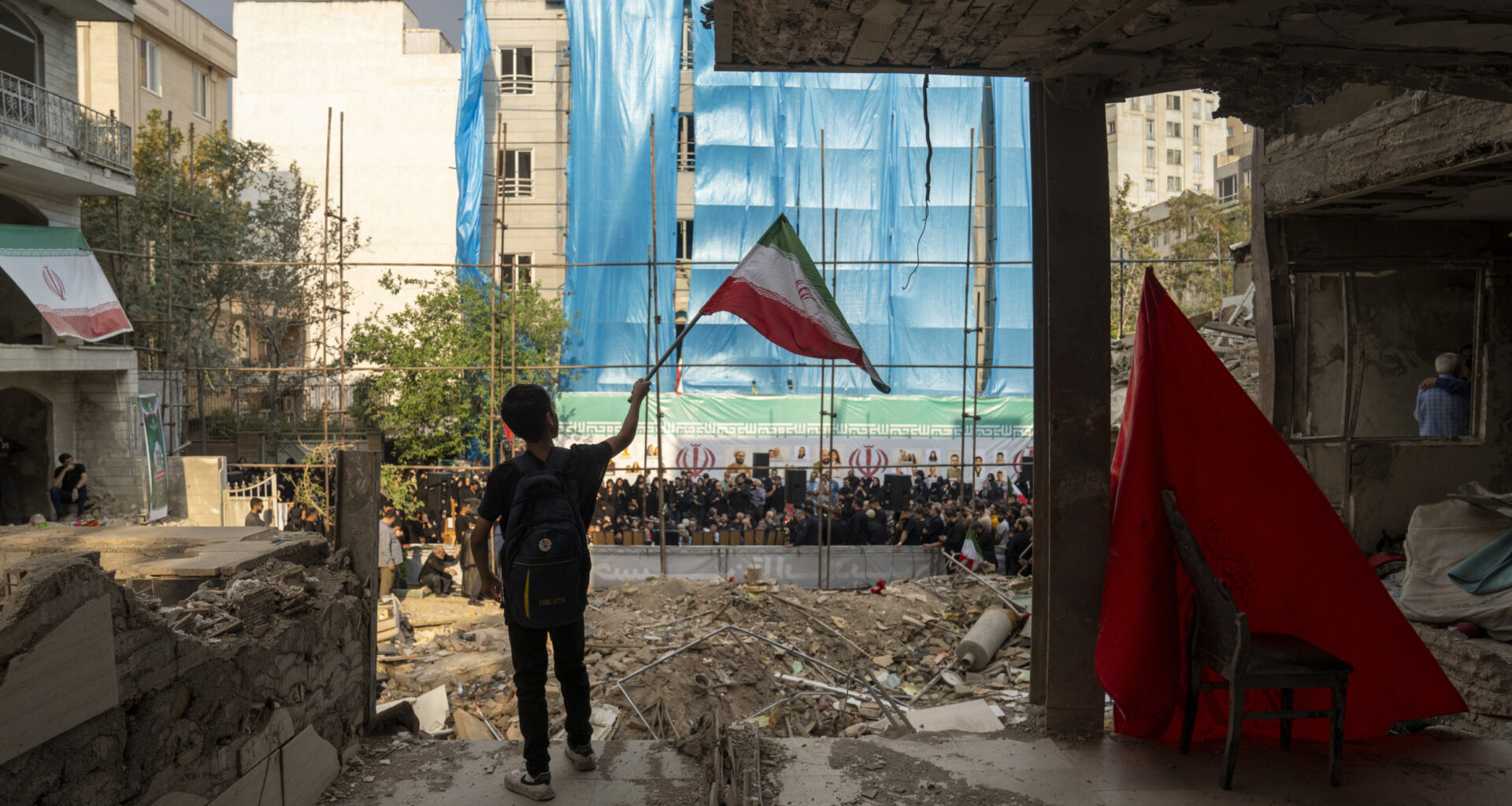 Iran flag rubble