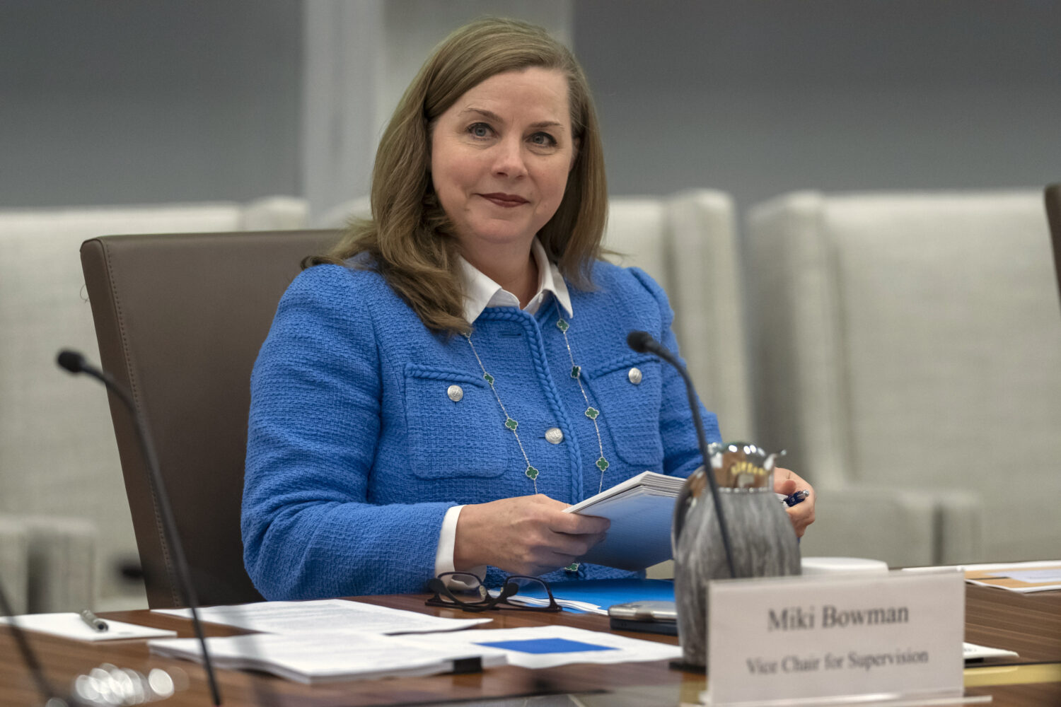 FILE - Michelle Bowman, Vice Chair for Supervision of the Federal Reserve Board of Governors, takes...