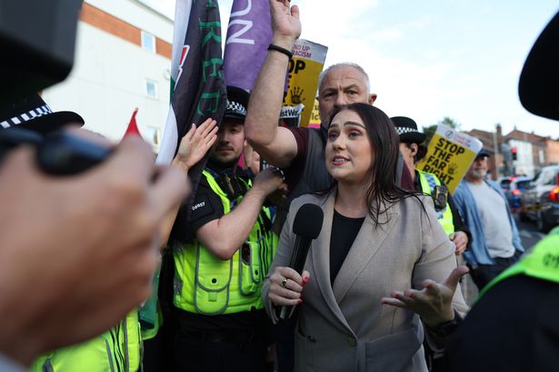 GB News reporter Sophie Reaper outside the Cresta Court hotel covering the demonstrations
