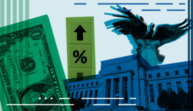 Illustration including green dollar bill, Board of Governors building, and Atlanta Fed eagle sculpture