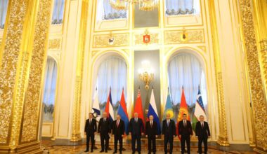 May 8, 2024: Eurasian Economic Union leaders, along with President Miguel Diaz-Canel of Cuba (second from left), pose for a photo at the Grand Kremlin Palace in Moscow, Russia.