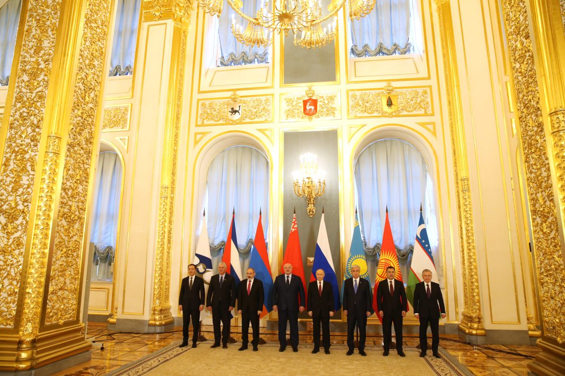 May 8, 2024: Eurasian Economic Union leaders, along with President Miguel Diaz-Canel of Cuba (second from left), pose for a photo at the Grand Kremlin Palace in Moscow, Russia.