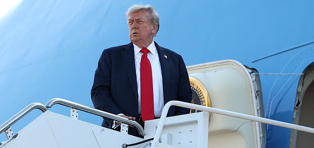 U.S. President Donald Trump boards Air Force One as he departs for Alaska to meet with Russian President Vladimir Putin to negotiate for an end to the war in Ukraine, from Joint Base Andrews in Maryland, U.S., August 15, 2025. REUTERS/Kevin Lamarque