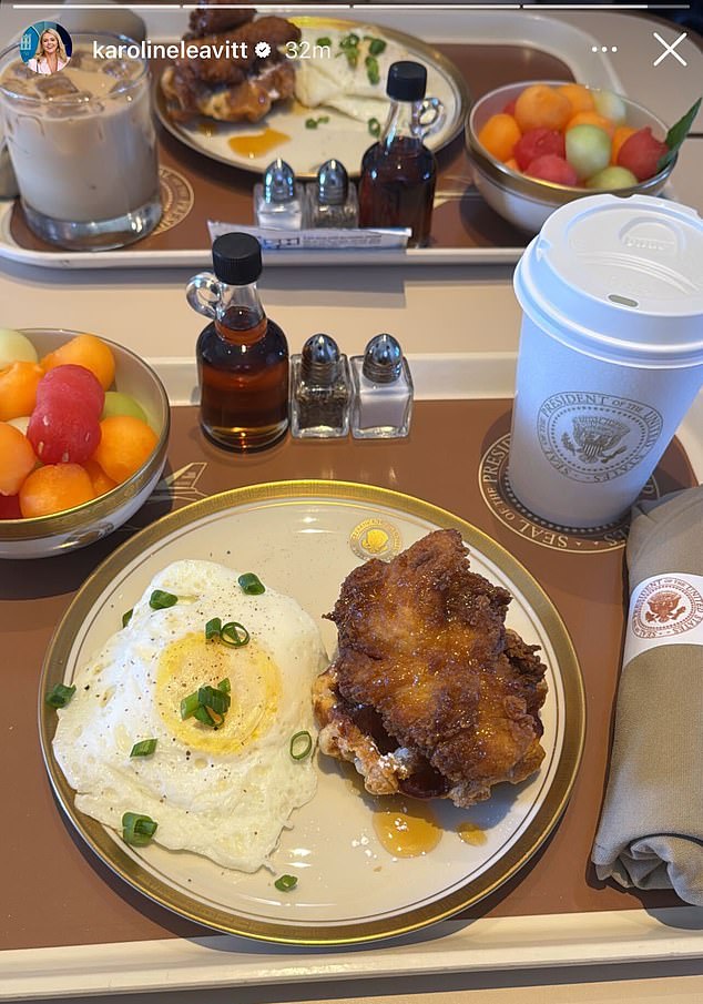 White House Press Secretary Karoline Leavitt posts a picture of her meal from Air Force One. She is travelling with President Donald Trump to Alaska to meet with Vladimir Putin. August 15, 2025  15000655 TRUMP PUTIN LIVE BLOG