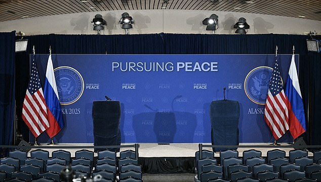 A room is seen setup ahead of a US-Russia summit on Ukraine with US President Donald Trump and Russian President Vladimir Putin at Joint Base Elmendorf-Richardson in Anchorage, Alaska, on August 15, 2025. (Photo by Drew ANGERER / AFP) (Photo by DREW ANGERER/AFP via Getty Images)