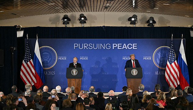 US President Donald Trump and Russian President Vladimir Putin hold a joint press conference after participating in a US-Russia summit on Ukraine at Joint Base Elmendorf-Richardson in Anchorage, Alaska, on August 15, 2025. (Photo by Drew ANGERER / AFP) (Photo by DREW ANGERER/AFP via Getty Images)