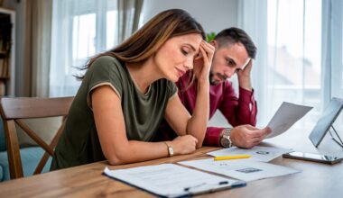 A young couple with worried expressions sits at a dining table, reviewing financial paperwork with a tablet and phone.