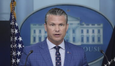 Secretary of Defense Pete Hegseth speaks during a press briefing with President Donald Trump in the...