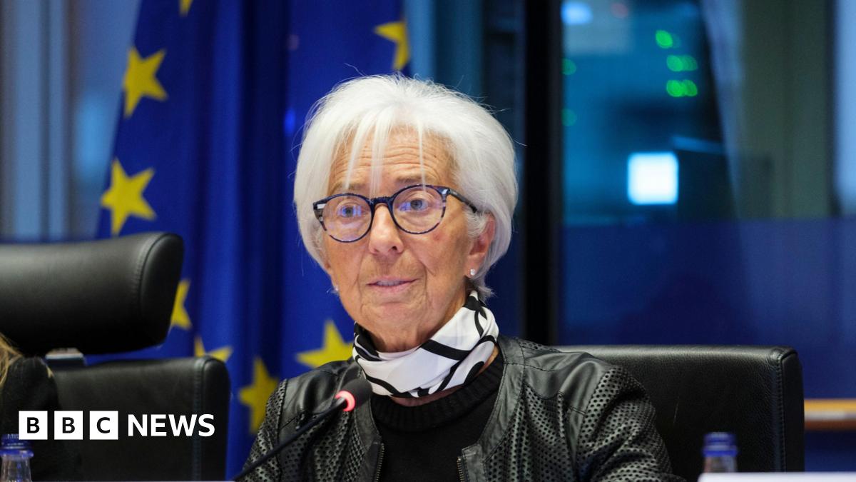Head of the European Central Bank, Christine Lagarde, sitting wearing a black leather jacket and a black and white scarf around her neck, with the EU flag behind her