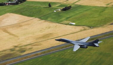 A B-1B Lancer Strategic Bomber takes flight in support of a Bomber Task Force Europe mission at Ørland Air Base, Norway, August 21, 2025.