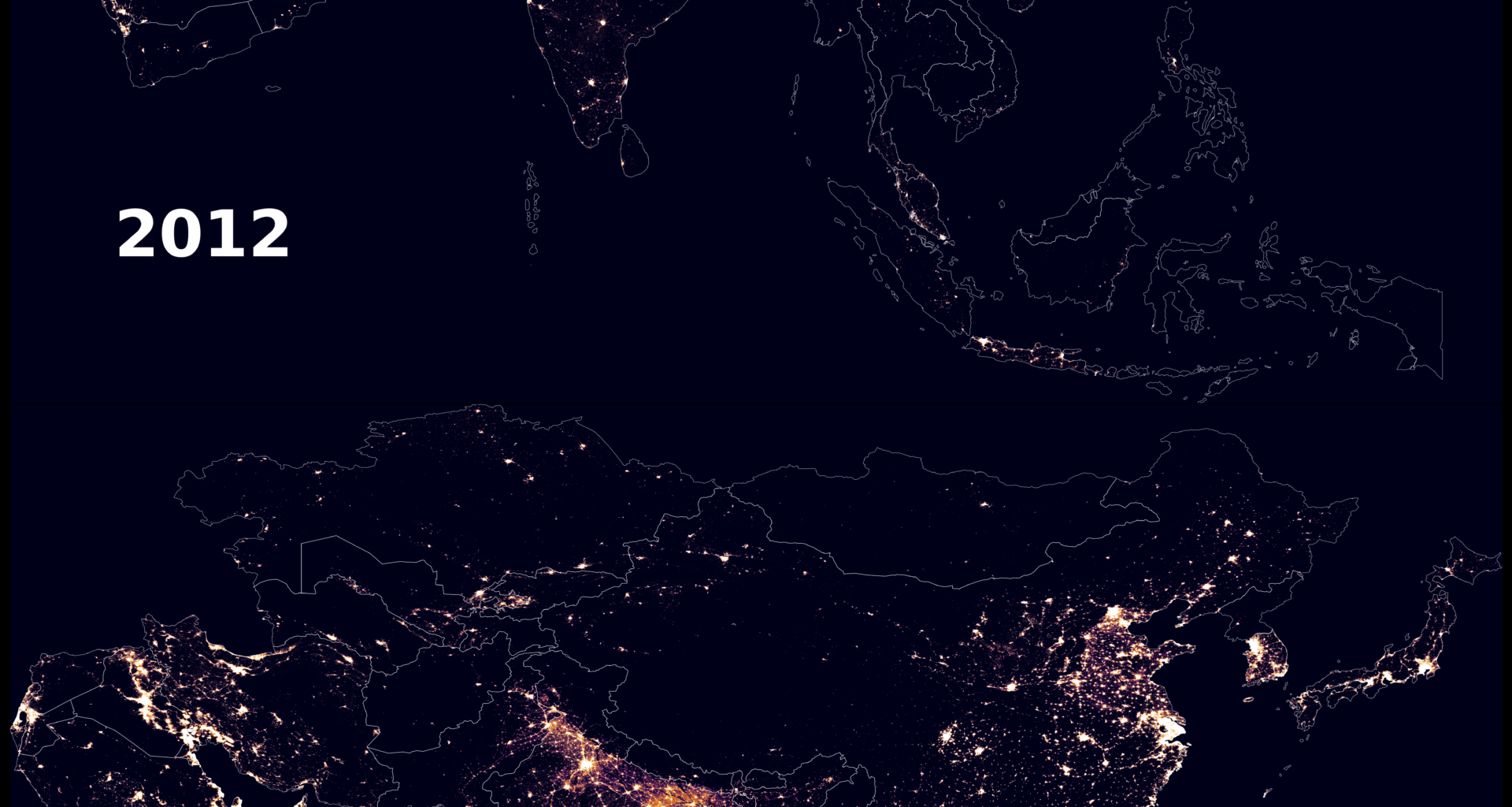 [OC] Night-time light in Asia, 2012 vs 2024 comparison